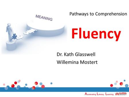 MEANING Pathways to Comprehension Fluency Dr. Kath Glasswell Willemina Mostert.