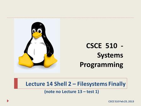 CSCE 510 - Systems Programming Lecture 14 Shell 2 – Filesystems Finally (note no Lecture 13 – test 1) CSCE 510 Feb 25, 2013.