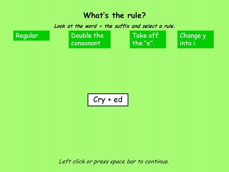 What’s the rule? Look at the word + the suffix and select a rule. Left click or press space bar to continue. RegularDouble the consonant Take off the “e”.