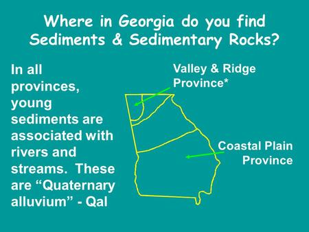 Where in Georgia do you find Sediments & Sedimentary Rocks? Coastal Plain Province Valley & Ridge Province* In all provinces, young sediments are associated.