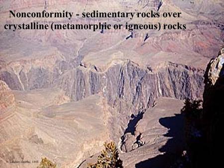 Nonconformity - sedimentary rocks over crystalline (metamorphic or igneous) rocks N. Lindsley-Griffin, 1998.