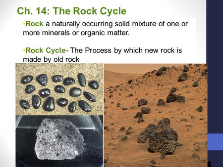 Ch. 14: The Rock Cycle Rock a naturally occurring solid mixture of one or more minerals or organic matter. Rock Cycle- The Process by which new rock is.