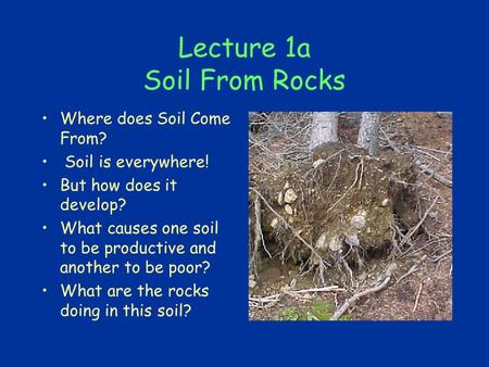 Lecture 1a Soil From Rocks Where does Soil Come From? Soil is everywhere! But how does it develop? What causes one soil to be productive and another to.