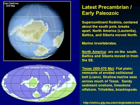Latest Precambrian / Early Paleozoic Supercontinent Rodinia, centered about the south pole, breaks apart. North America (Laurentia), Baltica, and Siberia.