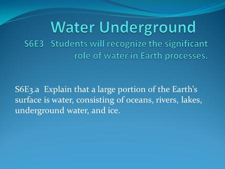 Water Underground	 S6E3 Students will recognize the significant role of water in Earth processes. S6E3.a Explain that a large portion of the Earth’s.