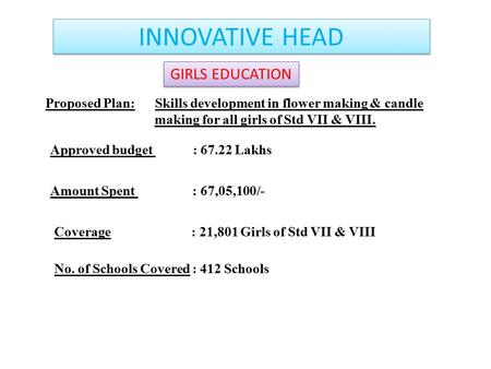 INNOVATIVE HEAD Proposed Plan: Skills development in flower making & candle making for all girls of Std VII & VIII. GIRLS EDUCATION Approved budget : 67.22.