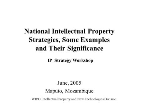 National Intellectual Property Strategies, Some Examples and Their Significance June, 2005 Maputo, Mozambique WIPO Intellectual Property and New Technologies.