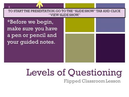 + Levels of Questioning Flipped Classroom Lesson *Before we begin, make sure you have a pen or pencil and your guided notes. TO START THE PRESENTATION,