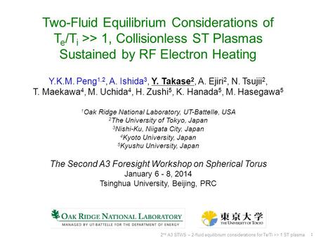 Two-Fluid Equilibrium Considerations of T e /T i >> 1, Collisionless ST Plasmas Sustained by RF Electron Heating Y.K.M. Peng 1,2, A. Ishida 3, Y. Takase.