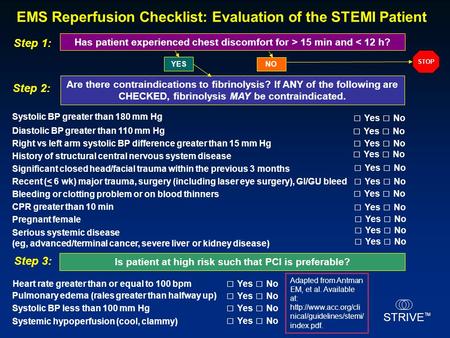 STRIVE TM EMS Reperfusion Checklist: Evaluation of the STEMI Patient Step 1: Has patient experienced chest discomfort for > 15 min and < 12 h? YES NO STOP.