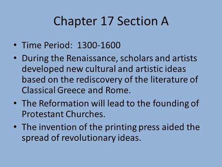 Chapter 17 Section A Time Period: