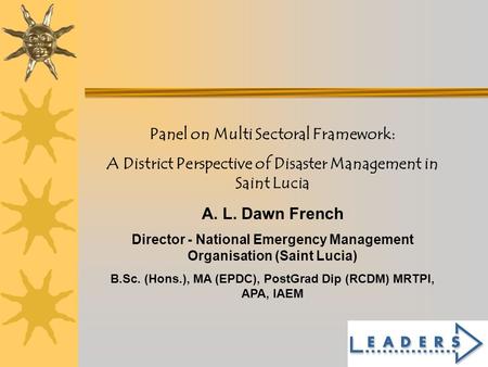 1 Panel on Multi Sectoral Framework: A District Perspective of Disaster Management in Saint Lucia A. L. Dawn French Director - National Emergency Management.