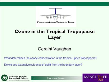 1 This is the footer Ozone in the Tropical Tropopause Layer Geraint Vaughan What determines the ozone concentration in the tropical upper troposphere?