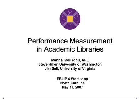 Performance Measurement in Academic Libraries Martha Kyrillidou, ARL Steve Hiller, University of Washington Jim Self, University of Virginia EBLIP 4 Workshop.