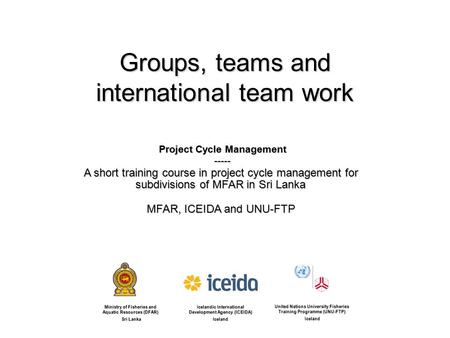 Groups, teams and international team work Project Cycle Management ----- A short training course in project cycle management for subdivisions of MFAR in.