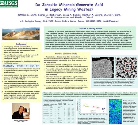 Do Jarosite Minerals Generate Acid in Legacy Mining Wastes? Kathleen S. Smith, George A. Desborough, Gregg A. Swayze, Heather A. Lowers, Sharon F. Diehl,