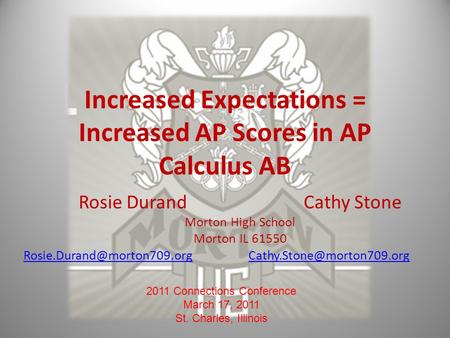 Increased Expectations = Increased AP Scores in AP Calculus AB Rosie DurandCathy Stone Morton High School Morton IL 61550