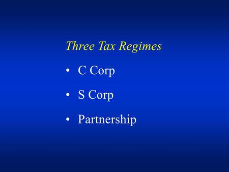Three Tax Regimes C Corp S Corp Partnership. Check-The-Box Corporate entities are C or S. Partnerships and LLCs under Subchapter K (partnership) unless.