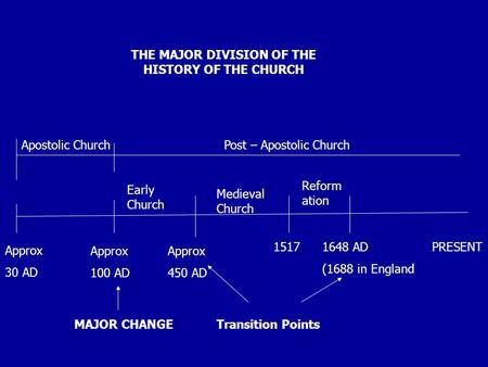 THE MAJOR DIVISION OF THE HISTORY OF THE CHURCH Apostolic ChurchPost – Apostolic Church Approx 30 AD Approx 100 AD Approx 450 AD 15171648 AD (1688 in England.