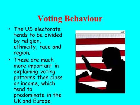 Voting Behaviour The US electorate tends to be divided by religion, ethnicity, race and region. These are much more important in explaining voting patterns.