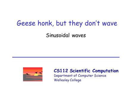 CS112 Scientific Computation Department of Computer Science Wellesley College Geese honk, but they don’t wave Sinusoidal waves.