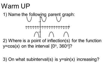 Warm UP 1) Name the following parent graph: 2) Where is a point of inflection(s) for the function y=cos(x) on the interval [0 o, 360 o ]? 3) On what subinterval(s)