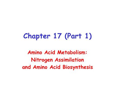 Chapter 17 (Part 1) Amino Acid Metabolism: Nitrogen Assimilation and Amino Acid Biosynthesis.