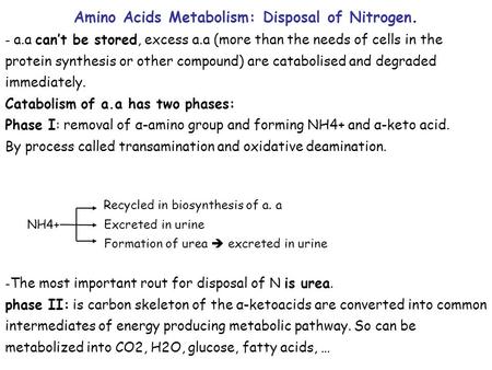 Amino Acids Metabolism: Disposal of Nitrogen.