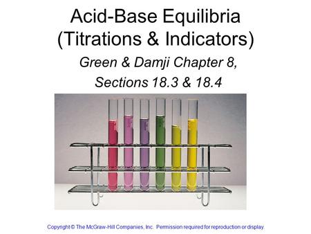Acid-Base Equilibria (Titrations & Indicators) Green & Damji Chapter 8, Sections 18.3 & 18.4 Chang Chapter 16 Copyright © The McGraw-Hill Companies, Inc.