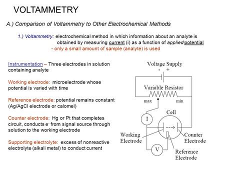 VOLTAMMETRY A.) Comparison of Voltammetry to Other Electrochemical Methods 1.) Voltammetry: electrochemical method in which information about an analyte.