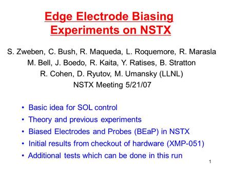 1 Edge Electrode Biasing Experiments on NSTX S. Zweben, C. Bush, R. Maqueda, L. Roquemore, R. Marasla M. Bell, J. Boedo, R. Kaita, Y. Ratises, B. Stratton.