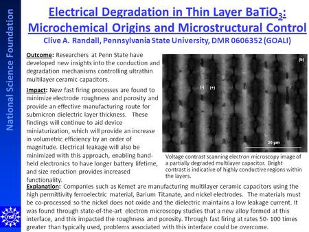 National Science Foundation Electrical Degradation in Thin Layer BaTiO 3 : Microchemical Origins and Microstructural Control Clive A. Randall, Pennsylvania.