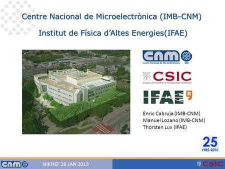 1 NIKHEF 28 JAN 2013 Centre Nacional de Microelectrònica (IMB-CNM) Institut de Física d’Altes Energies(IFAE) Enric Cabruja (IMB-CNM) Manuel Lozano (IMB-CNM)