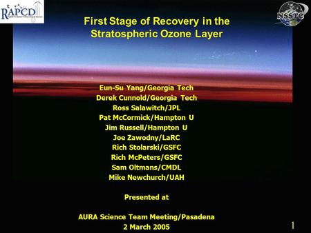 1 1 First Stage of Recovery in the Stratospheric Ozone Layer Eun-Su Yang/Georgia Tech Derek Cunnold/Georgia Tech Ross Salawitch/JPL Pat McCormick/Hampton.