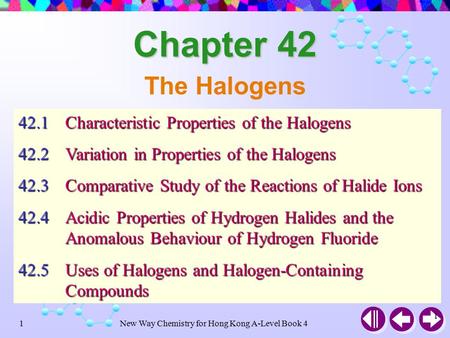 New Way Chemistry for Hong Kong A-Level Book 41 1 The Halogens 42.1Characteristic Properties of the Halogens 42.2Variation in Properties of the Halogens.