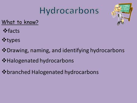  facts What to know?  Drawing, naming, and identifying hydrocarbons  Halogenated hydrocarbons  types  branched Halogenated hydrocarbons.