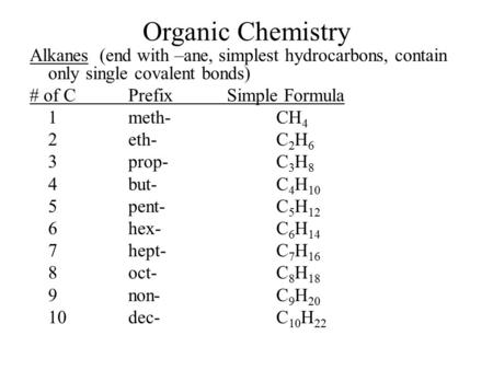Organic Chemistry Alkanes (end with –ane, simplest hydrocarbons, contain only single covalent bonds) # of C Prefix Simple Formula 1 meth- CH4 2 eth- C2H6.