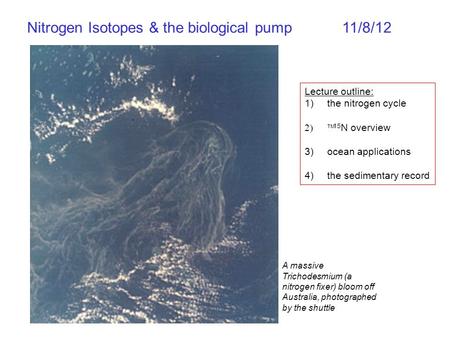 Nitrogen Isotopes & the biological pump11/8/12 Lecture outline: 1)the nitrogen cycle  15 N overview 3)ocean applications 4)the sedimentary record A.