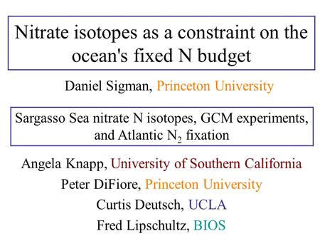 Nitrate isotopes as a constraint on the ocean's fixed N budget Angela Knapp, University of Southern California Peter DiFiore, Princeton University Curtis.