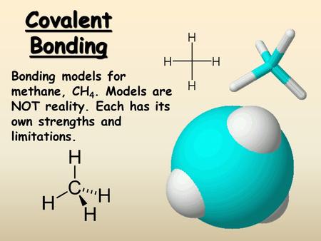 Covalent Bonding Bonding models for methane, CH4. Models are NOT reality. Each has its own strengths and limitations.