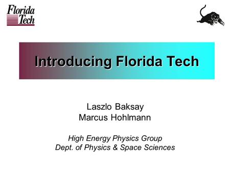 Introducing Florida Tech Laszlo Baksay Marcus Hohlmann High Energy Physics Group Dept. of Physics & Space Sciences.