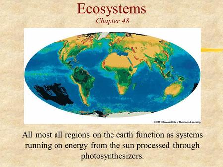 Ecosystems Chapter 48 All most all regions on the earth function as systems running on energy from the sun processed through photosynthesizers.