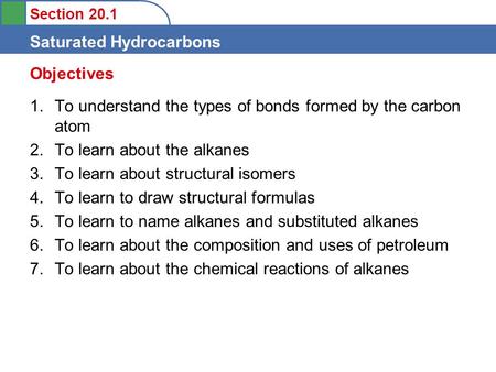 Section 20.1 Saturated Hydrocarbons 1.To understand the types of bonds formed by the carbon atom 2.To learn about the alkanes 3.To learn about structural.