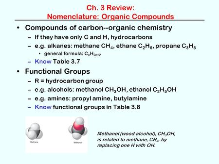 Ch. 3 Review: Nomenclature: Organic Compounds Compounds of carbon--organic chemistry –If they have only C and H, hydrocarbons –e.g. alkanes: methane CH.