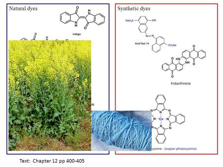 Synthetic dyesNatural dyes Text: Chapter 12 pp 400-405.