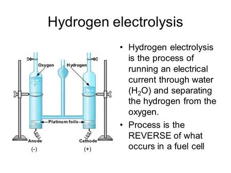 Hydrogen electrolysis Hydrogen electrolysis is the process of running an electrical current through water (H 2 O) and separating the hydrogen from the.