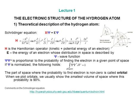 Lecture 1 THE ELECTRONIC STRUCTURE OF THE HYDROGEN ATOM