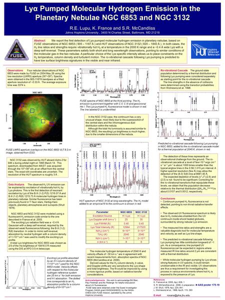 Lyα Pumped Molecular Hydrogen Emission in the Planetary Nebulae NGC 6853 and NGC 3132 R.E. Lupu, K. France and S.R. McCandliss Johns Hopkins University,