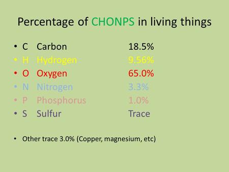 Percentage of CHONPS in living things CCarbon18.5% H Hydrogen9.56% OOxygen65.0% NNitrogen3.3% PPhosphorus1.0% SSulfurTrace Other trace 3.0% (Copper, magnesium,
