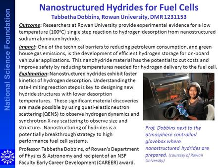 National Science Foundation Nanostructured Hydrides for Fuel Cells Tabbetha Dobbins, Rowan University, DMR 1231153 Outcome: Researchers at Rowan University.